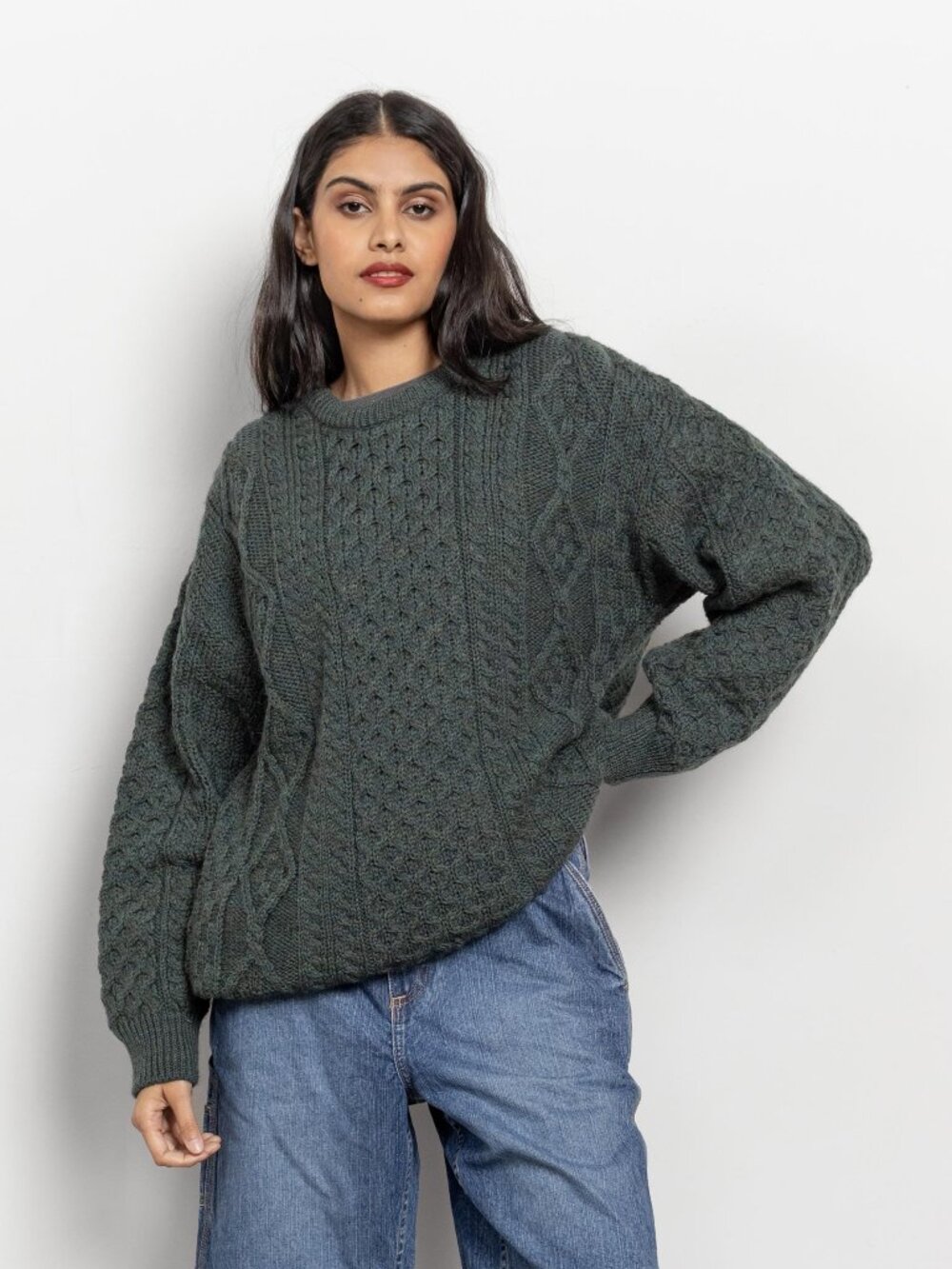 GREEN IRISH WOOL Cable Knit Winter Jumper Crew Neck / Medium - Picture 1 of 10